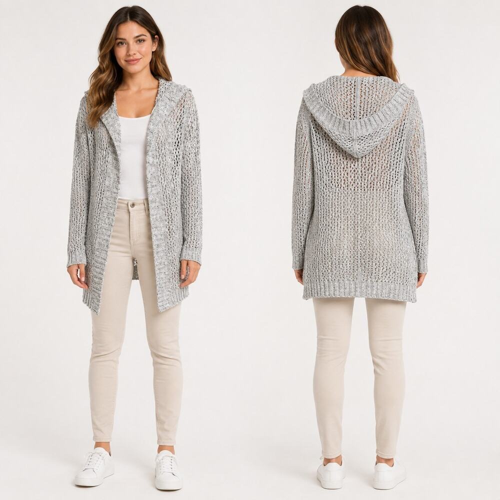 Hollister Women’s Gray Long Open Knit Hooded Cardigan Lightweight Sweater SZ SM
